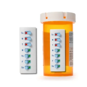 The image displays a Take-n-Slide Medication Tracker. Likely designed to help individuals remember if they've taken their daily medication