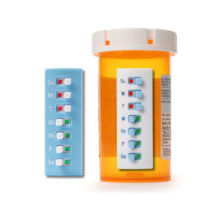 The image displays a Take-n-Slide Medication Tracker. Likely designed to help individuals remember if they've taken their daily medication