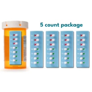 The image displays a "5 count package" of Take-n-Slide Medication Trackers, which are designed to attach to pill bottles. On the left, an orange pill bottle has one white Take-n-Slide tracker attached to its side. This tracker is a vertical rectangle with each day of the week (Su, M, T, W, Th, F, Sa) listed, accompanied by a small horizontal slider. These sliders can reveal either a red square (indicating medication not taken) or a green square (indicating medication taken). On the pill bottle, the tracker shows the top three days (Sunday, Monday, Tuesday) with red squares, while the remaining days (Wednesday through Saturday) have green squares. To the right, four more identical white Take-n-Slide trackers are shown, arranged vertically. These trackers also display the days of the week and the red/green sliders. It appears all the sliders on these four trackers are in the "red" position, suggesting they are unused or reset. Part of a fifth tracker is visible on the far right edge of the image, implying the "5 count package" as stated in the text.