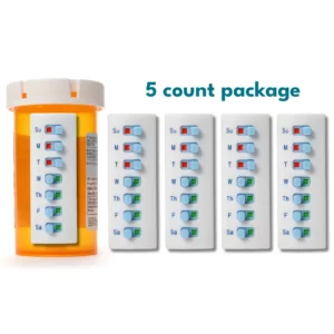 The image displays a "5 count package" of Take-n-Slide Medication Trackers. On the left, an orange pill bottle has one white Take-n-Slide tracker attached to its side. This tracker is a vertical rectangle with each day of the week (Su, M, T, W, Th, F, Sa) listed, accompanied by a small horizontal slider. These sliders can reveal either a red square (indicating medication not taken) or a green square (indicating medication taken). On the pill bottle, the tracker shows the top three days (Sunday, Monday, Tuesday) with red squares, while the remaining days (Wednesday through Saturday) have green squares. To the right, four more identical white Take-n-Slide trackers are shown, arranged vertically. These trackers also display the days of the week and the red/green sliders. It appears all the sliders on these four trackers are in the "red" position, suggesting they are unused or reset. Part of a fifth tracker is visible on the far right edge of the image, implying the "5 count package" as stated in the text.