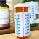 Take-n-Slide medication tracker in white attached to a pill bottle