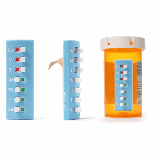The image displays a medication tracking system and how to apply it to a pill bottle.