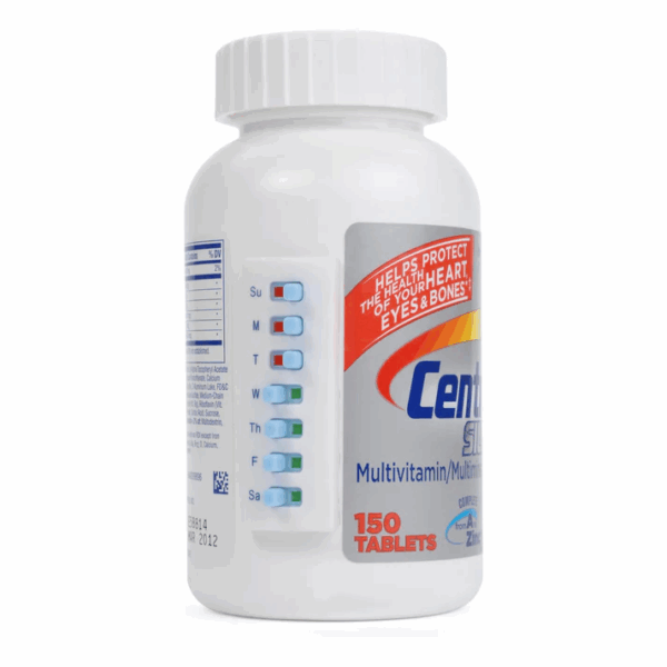 The image displays a medication tracking system and how to apply it to a bottle of vitamins