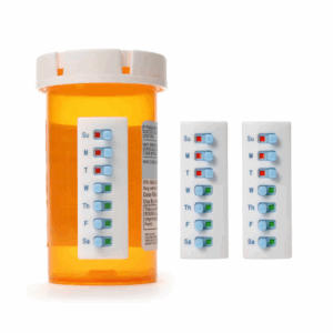The image displays a medication tracking system, likely designed to help individuals remember if they've taken their daily medication