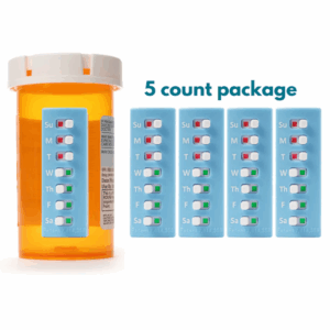 The image displays a "5 count package" of Take-n-Slide Medication Trackers, which are designed to attach to pill bottles. On the left, an orange pill bottle has one white Take-n-Slide tracker attached to its side. This tracker is a vertical rectangle with each day of the week (Su, M, T, W, Th, F, Sa) listed, accompanied by a small horizontal slider. These sliders can reveal either a red square (indicating medication not taken) or a green square (indicating medication taken). On the pill bottle, the tracker shows the top three days (Sunday, Monday, Tuesday) with red squares, while the remaining days (Wednesday through Saturday) have green squares. To the right, four more identical white Take-n-Slide trackers are shown, arranged vertically. These trackers also display the days of the week and the red/green sliders. It appears all the sliders on these four trackers are in the "red" position, suggesting they are unused or reset. Part of a fifth tracker is visible on the far right edge of the image, implying the "5 count package" as stated in the text.