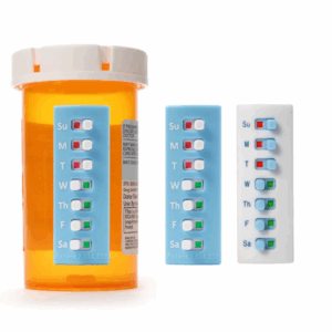 The image displays a medication tracking system, likely designed to help individuals remember if they've taken their daily medication
