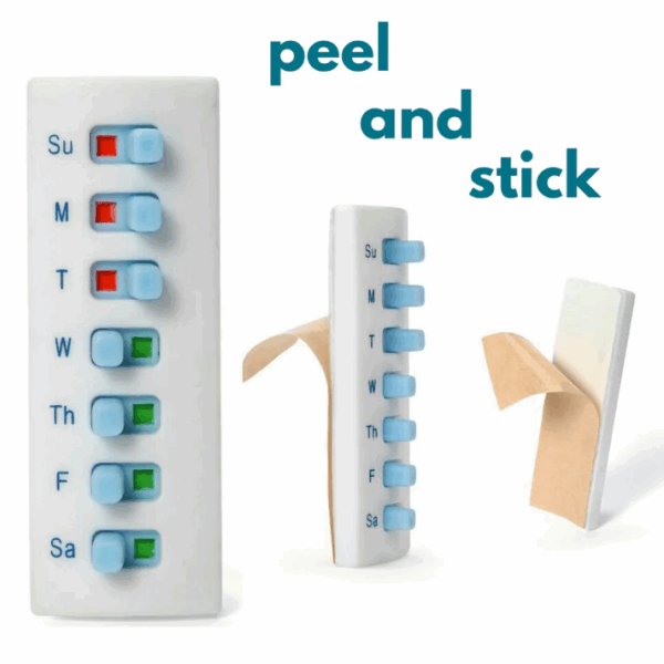 The image displays a medication tracking system's peel and stick reusable adhesive.