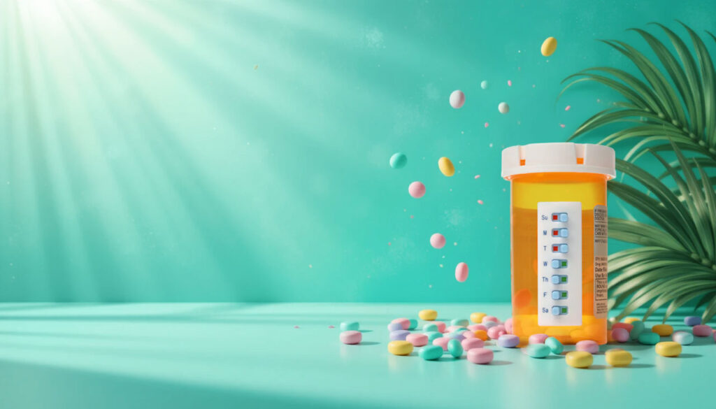 Prescription pill bottle with a Take-n-Slide pill tracker for bottles, surrounded by colorful pills, symbolizing an easy way to keep track of pills