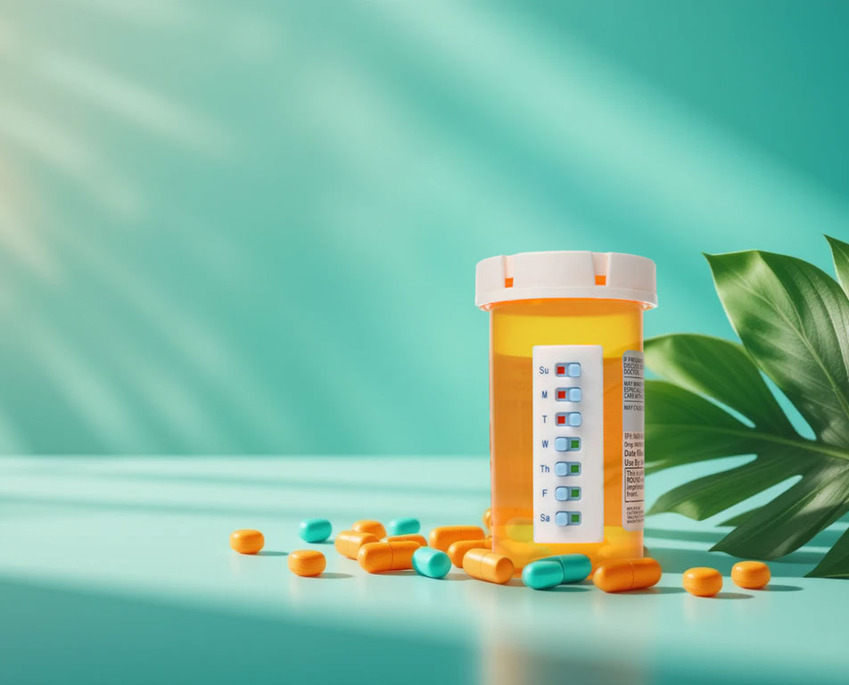 Orange prescription pill bottle with a Take-n-Slide adhesive pill tracker, surrounded by scattered pills, on a teal surface with tropical leaves
